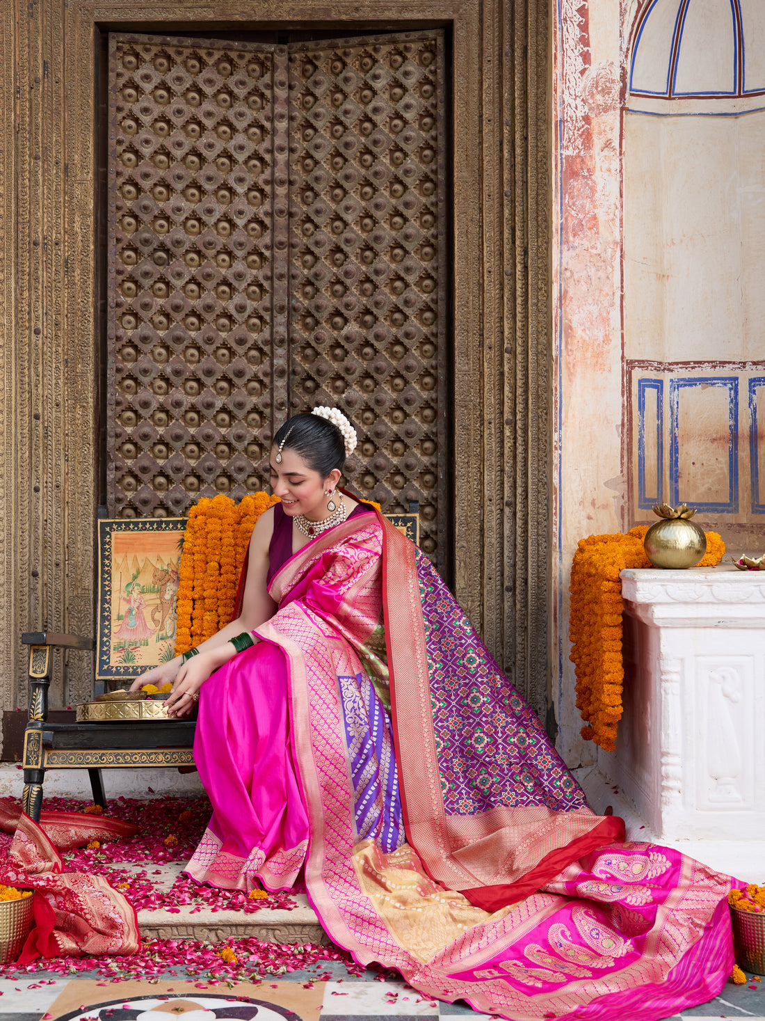 Handwoven Banarasi Katan Silk Chauki Rangkat Saree in Pink