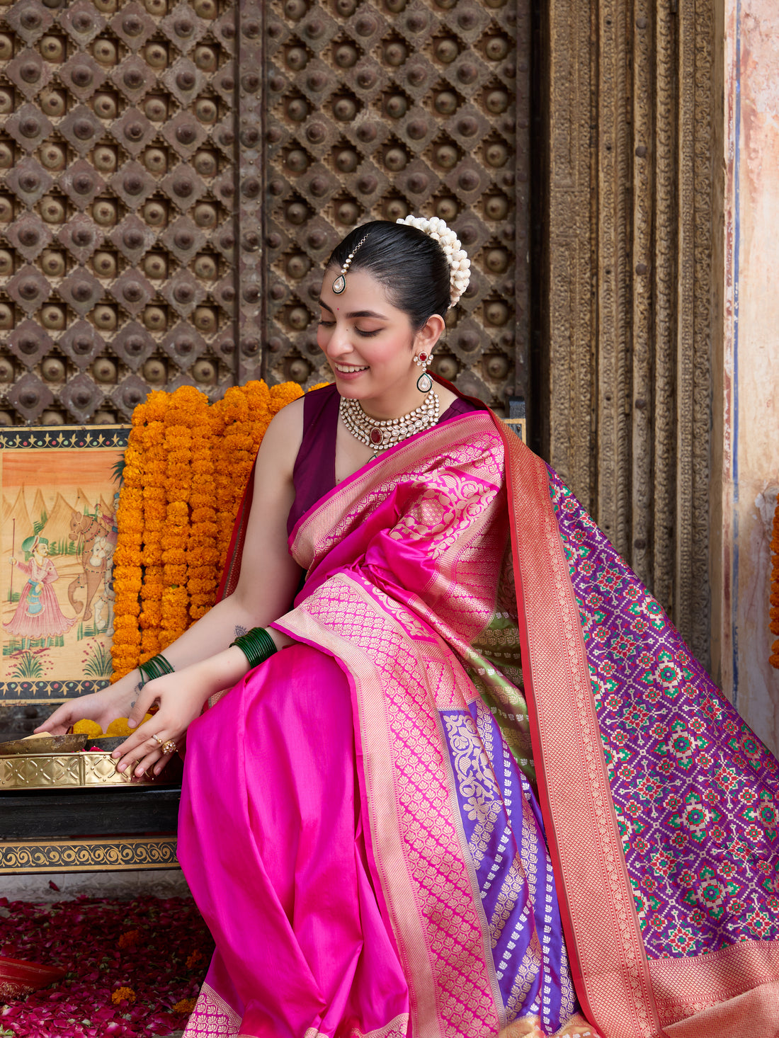Handwoven Banarasi Katan Silk Chauki Rangkat Saree in Pink