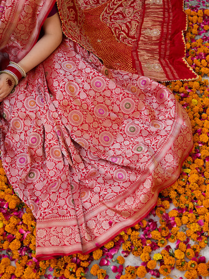 Handwoven Banarasi Katan Silk Jangla Saree in Bridal Red