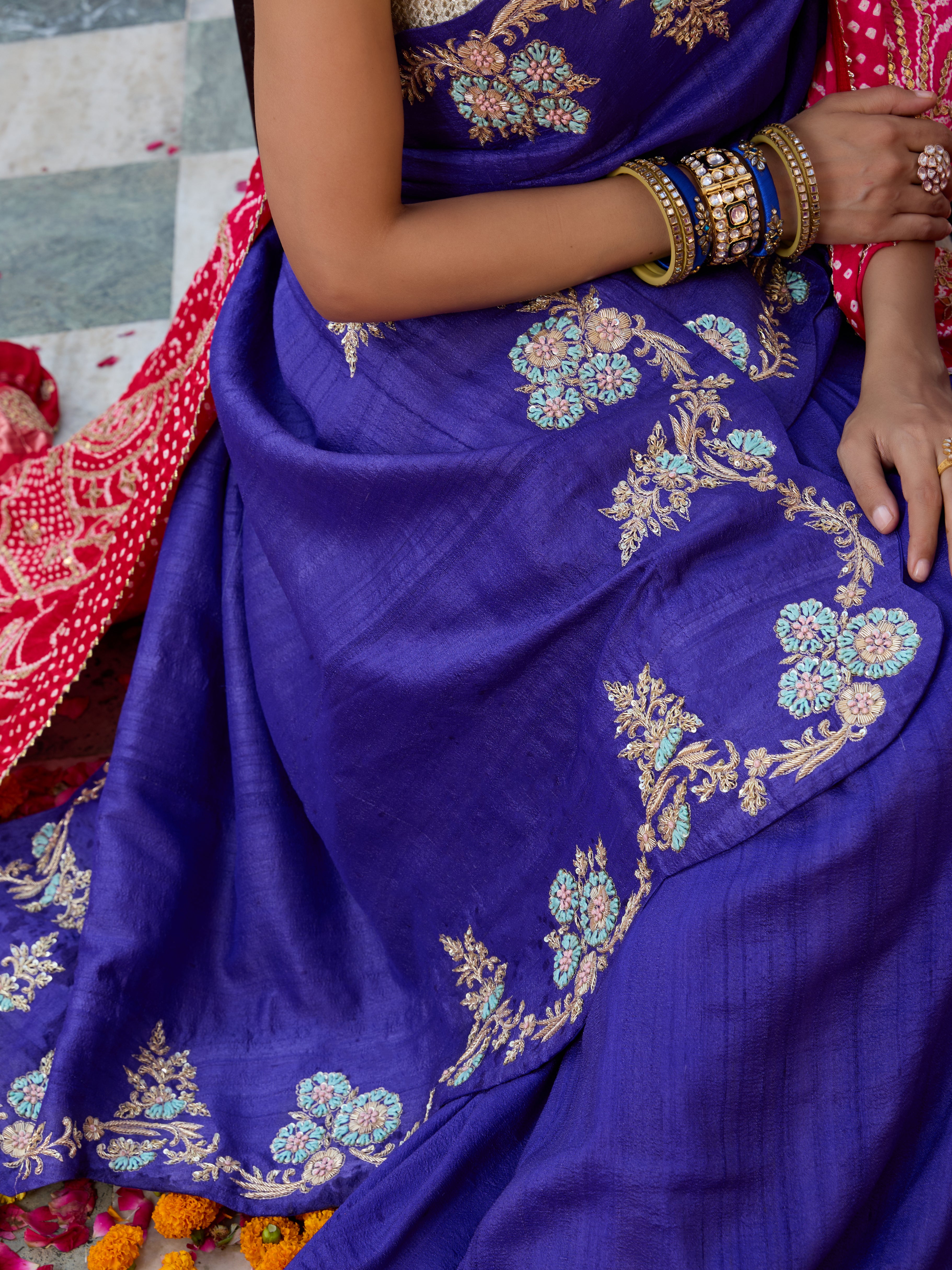 Handwoven Pure Tussar Silk Resham Embroidery Saree in Blue