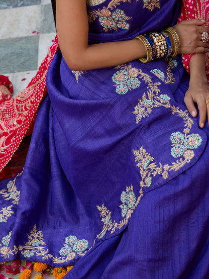 Handwoven Pure Tussar Silk Resham Embroidery Saree in Blue