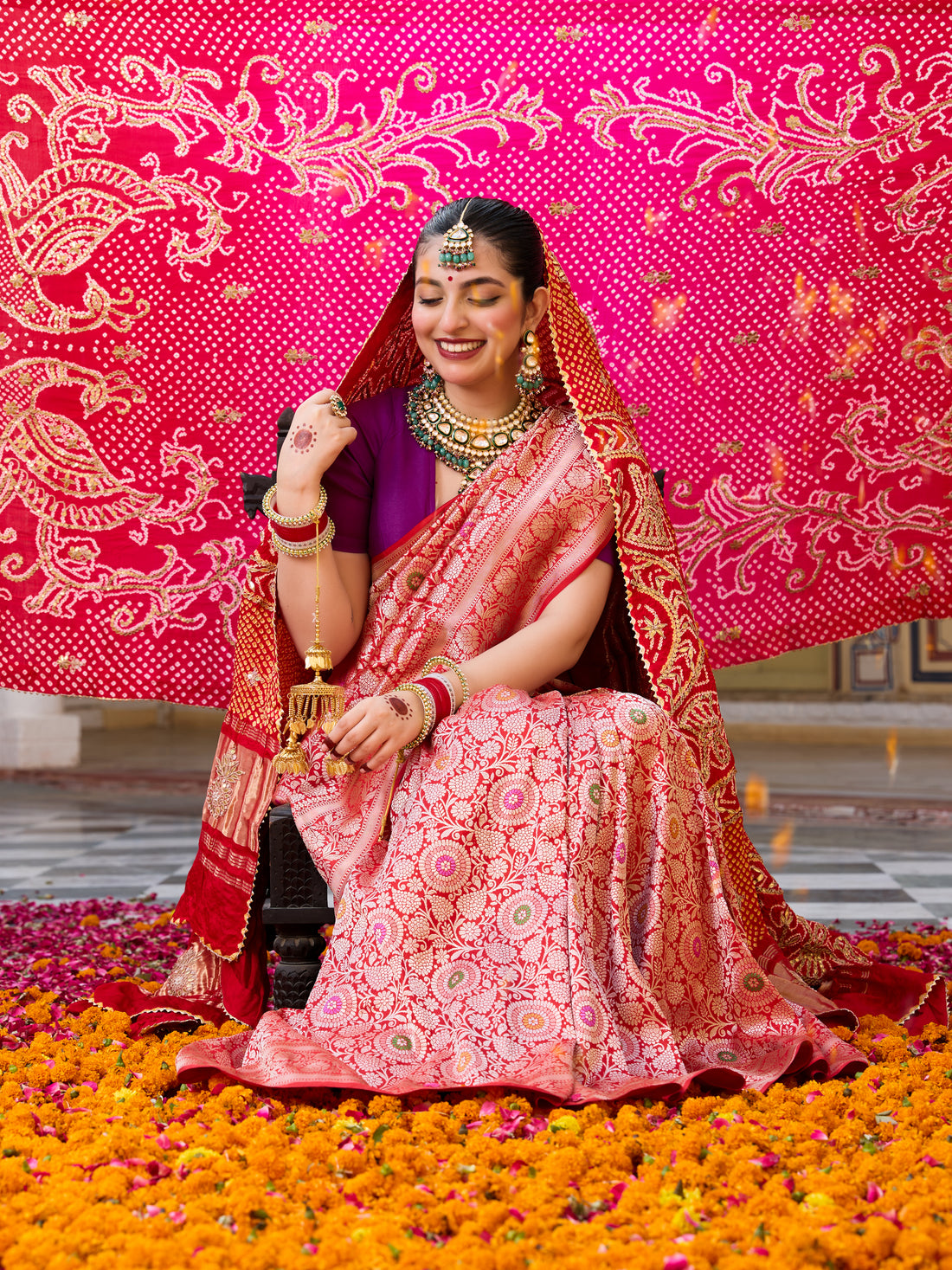 Handwoven Banarasi Katan Silk Jangla Saree in Bridal Red