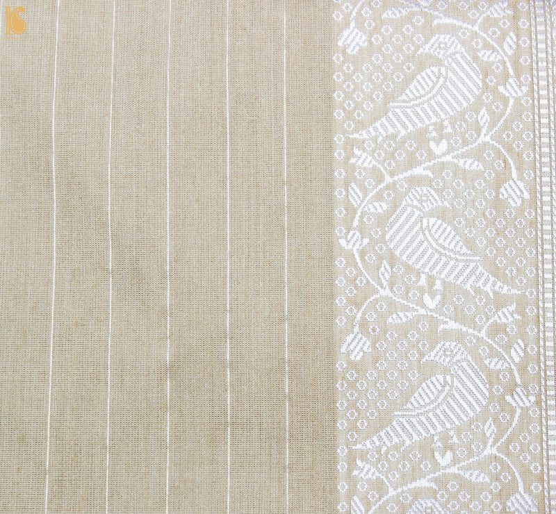 Ecru White Pure Moonga Silk Handloom Banarasi Bird Saree - Dyeable - Khinkhwab