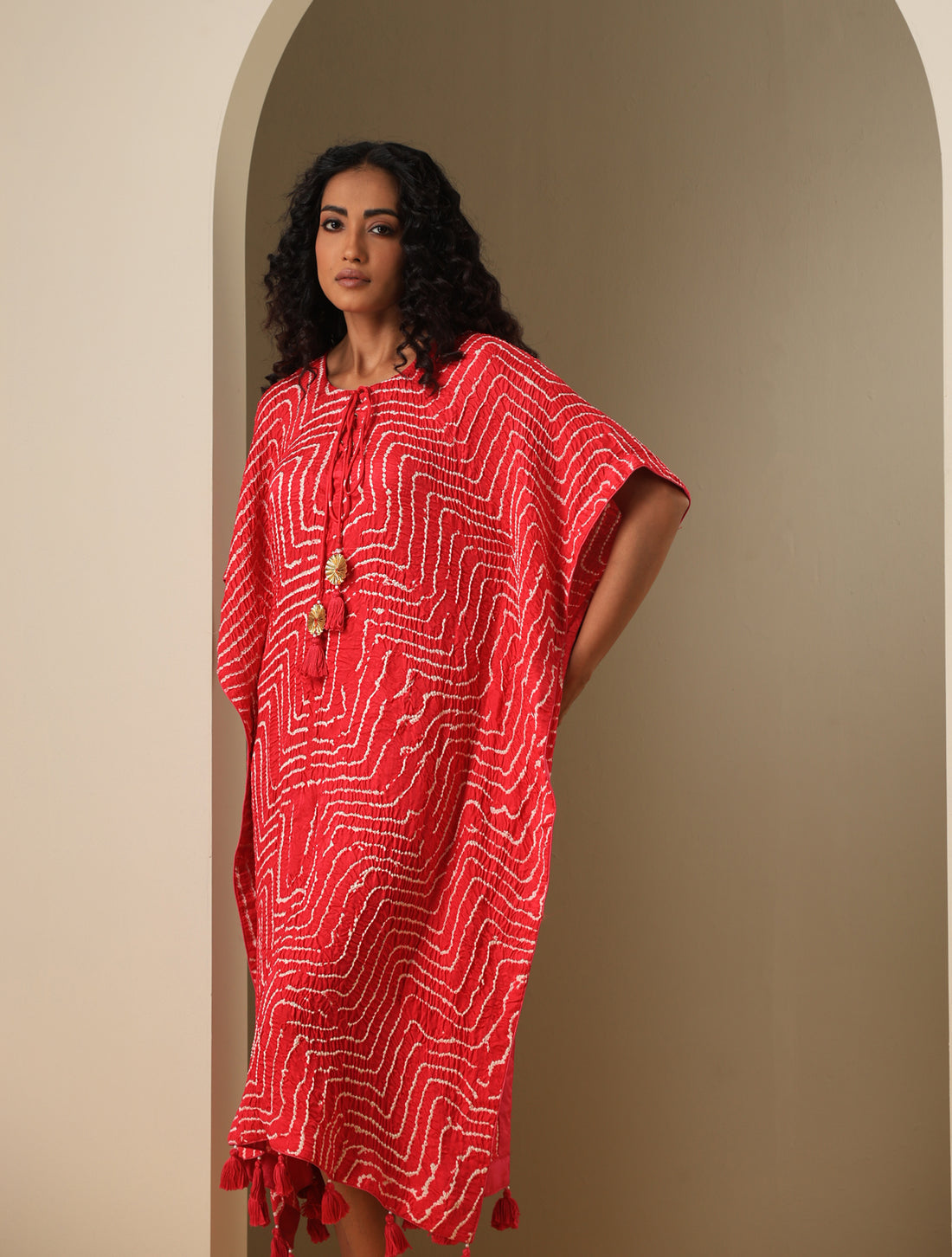 Gajji Silk Bandhani Stitched Kaftan in Cherry Red