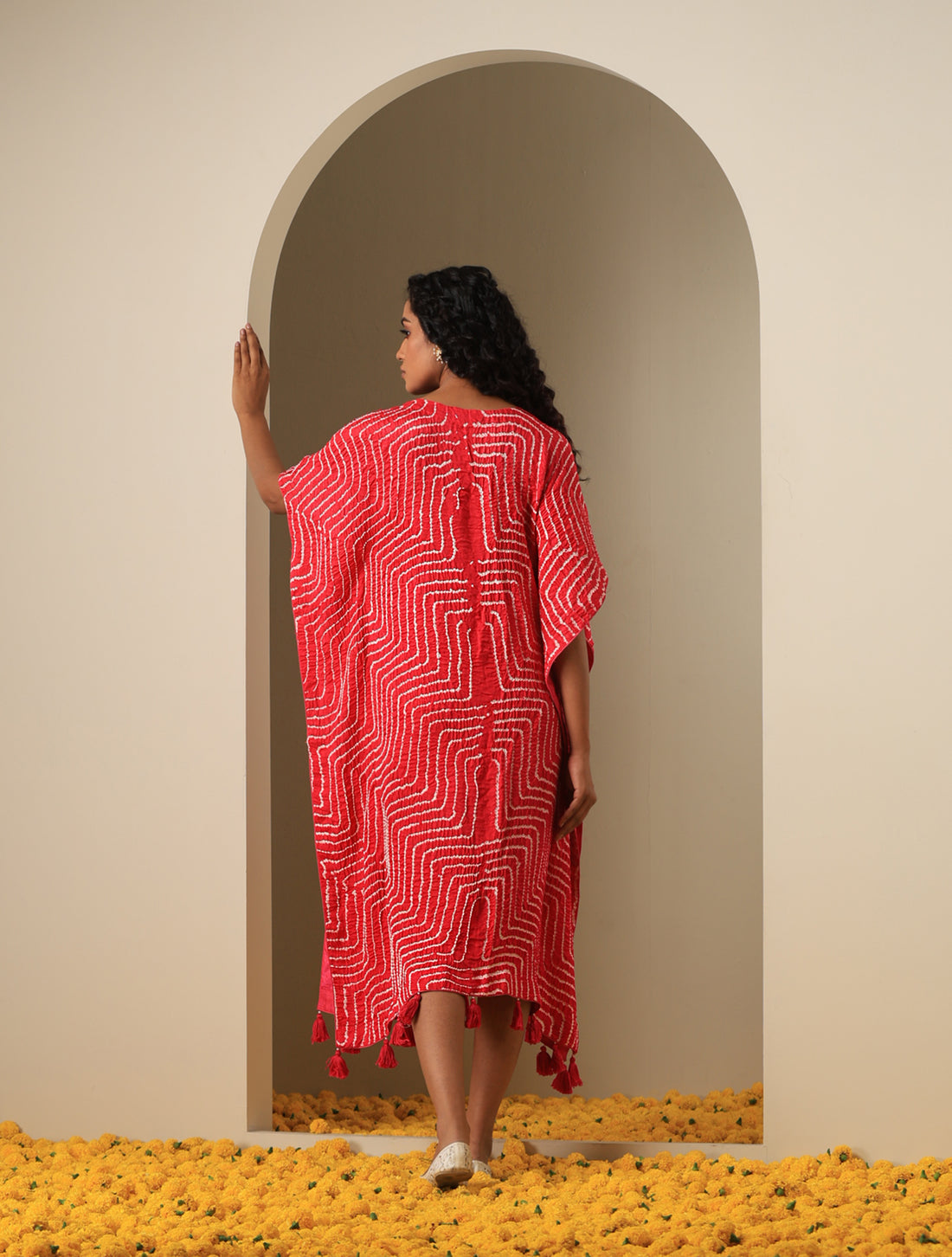 Gajji Silk Bandhani Stitched Kaftan in Cherry Red