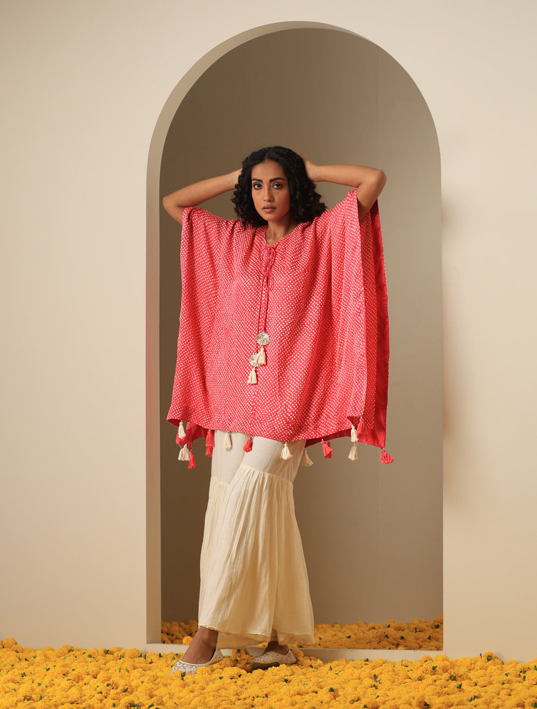 Gajji Silk Bandhani Stitched Kaftan Top in Coral Pink