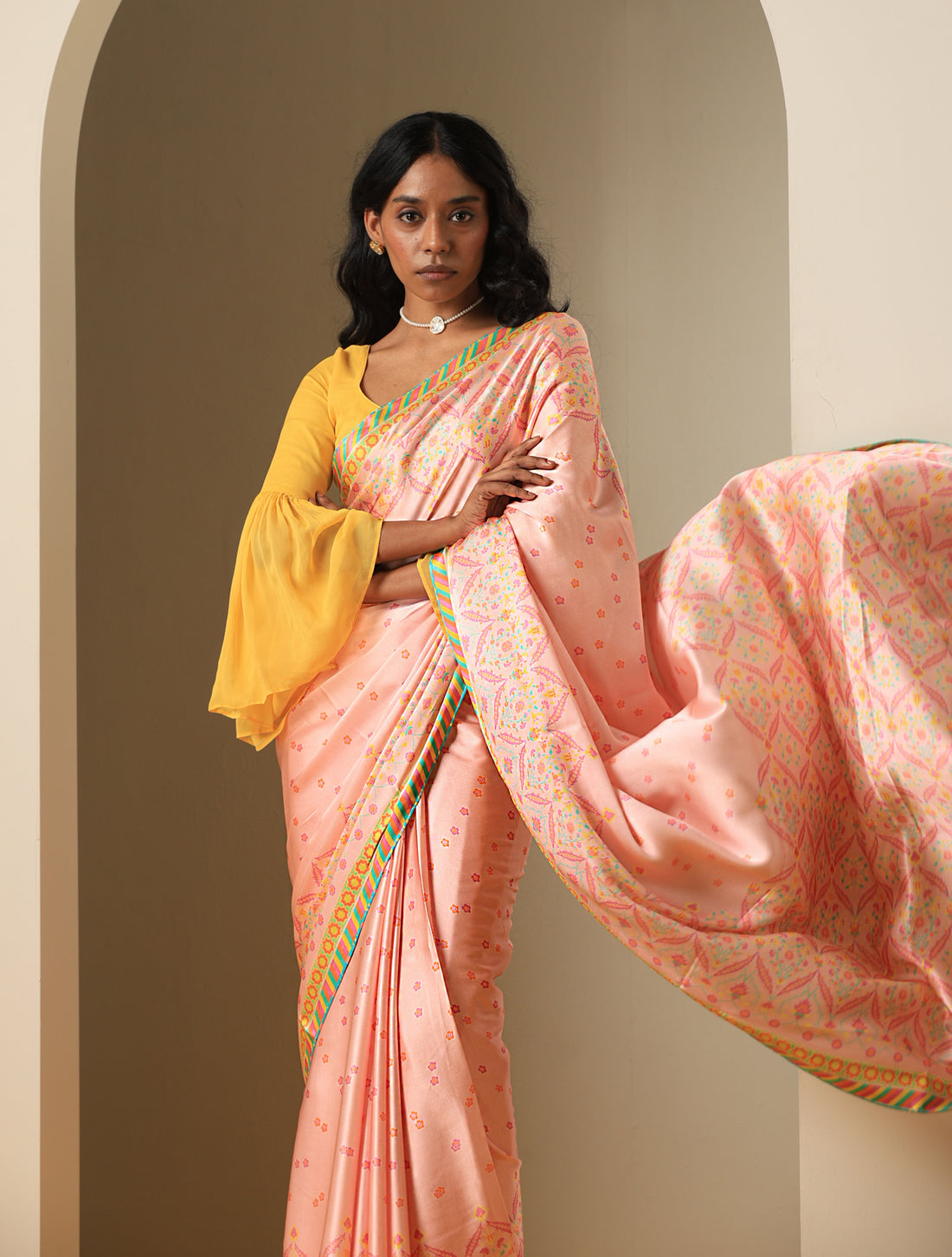 NERGİS - Carousel Pink Pure Organza Print Saree