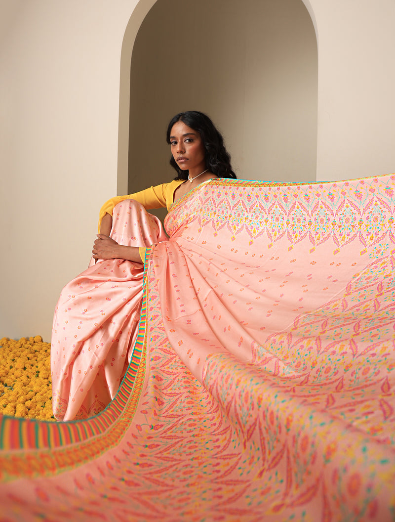 NERGİS - Pink Pure Sateen Silk Print Saree