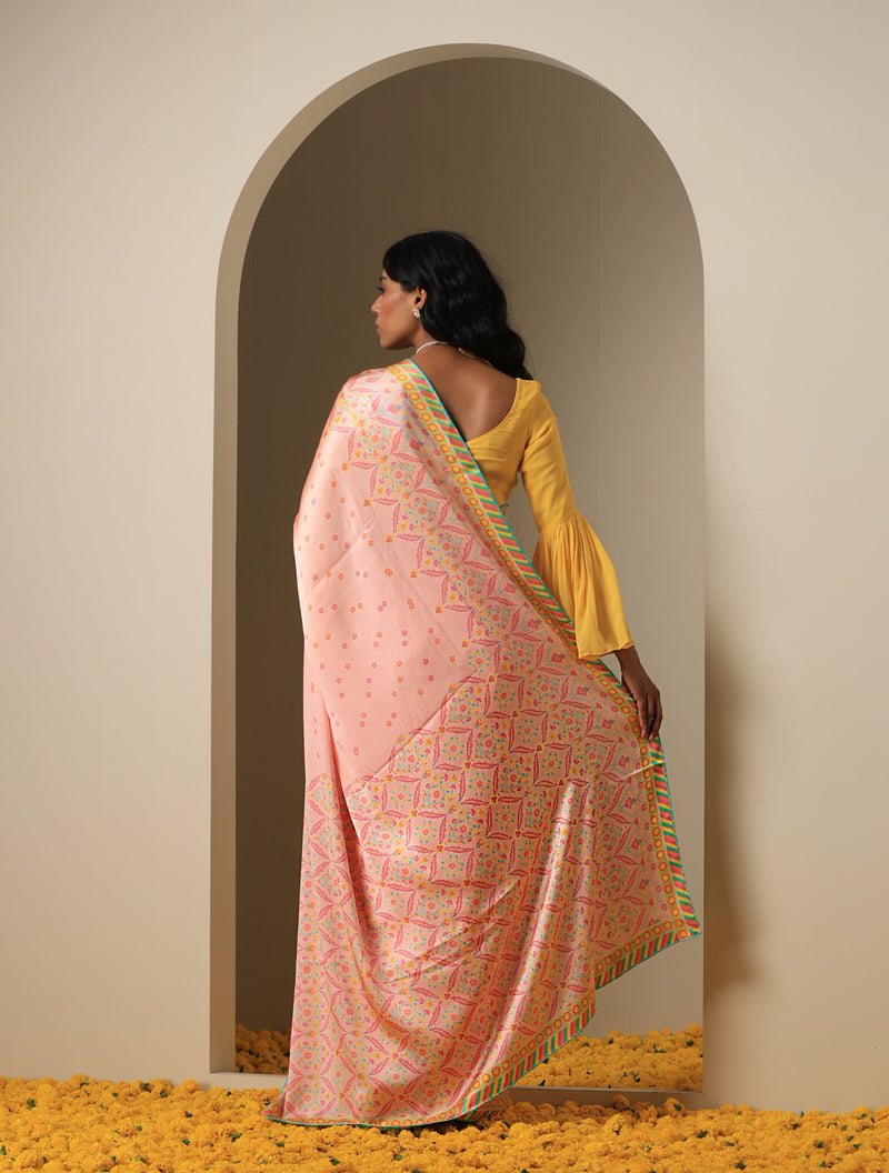 NERGİS - Pink Pure Sateen Silk Print Saree