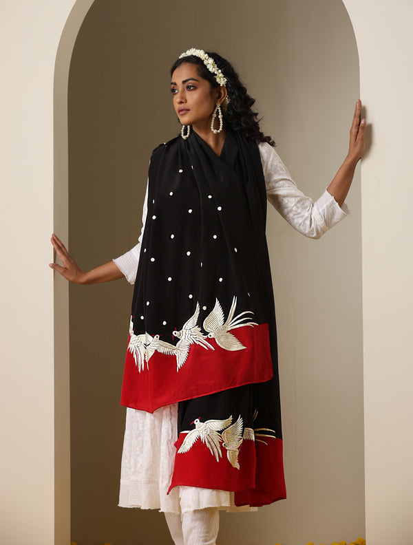白色手工 Parsi Gara 粘胶乔其纱 Kurta 面料