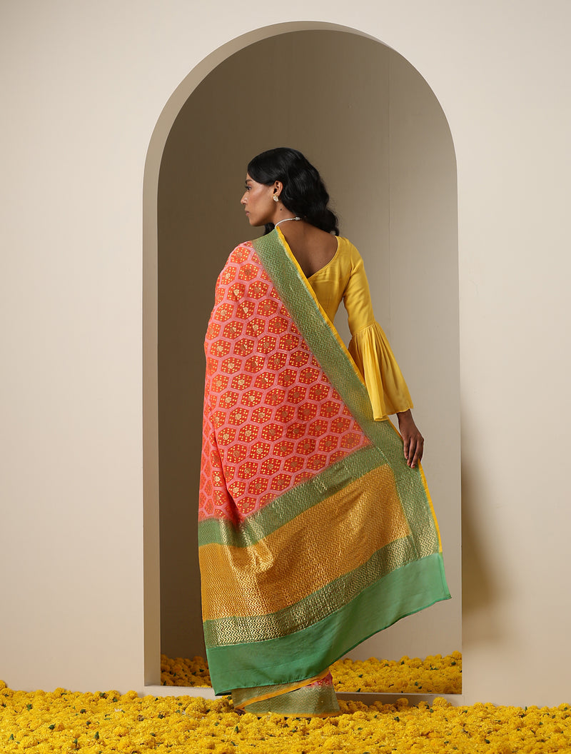 Red Pure Georgette Banarasi Honeycomb Saree