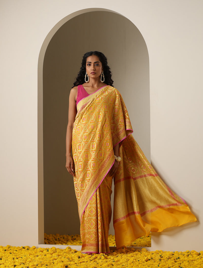 Yellow Pure Georgette Banarasi Woven Bandhani Saree