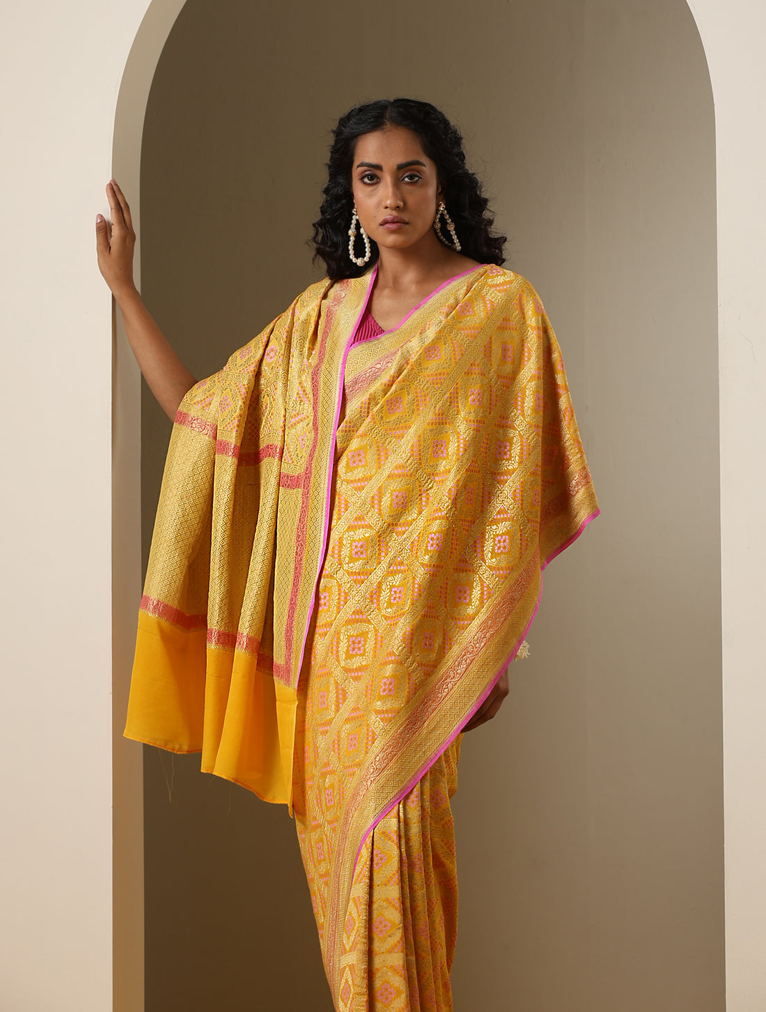 Yellow Pure Georgette Banarasi Woven Bandhani Saree