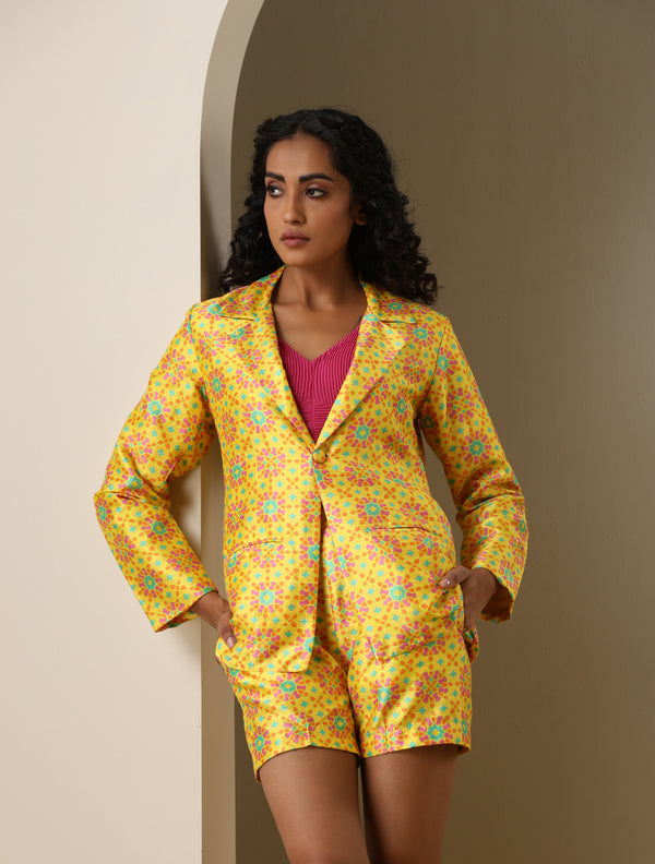 NİLÜFER - Milan Yellow Pure Raw Silk Print Jacket & Shorts