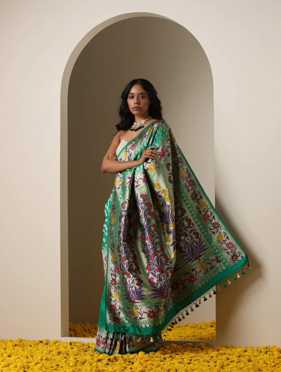 Kumudini - Green Pure  Katan Silk Handwoven Banarasi Kadwa Revival Saree