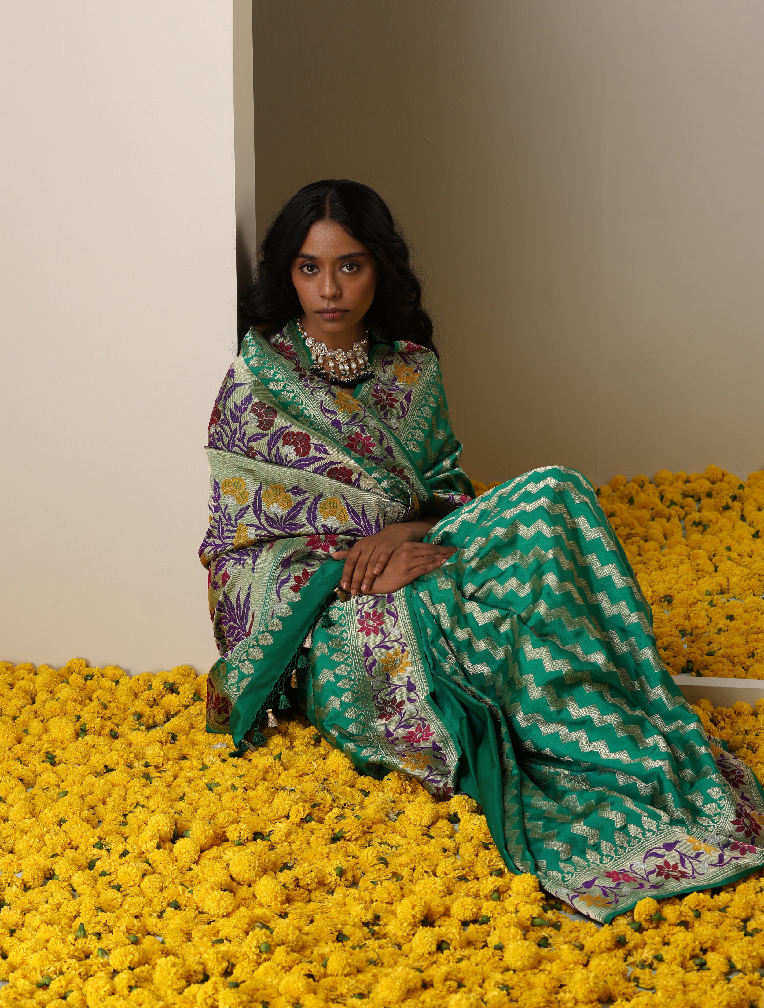 Kumudini - Green Pure  Katan Silk Handwoven Banarasi Kadwa Revival Saree