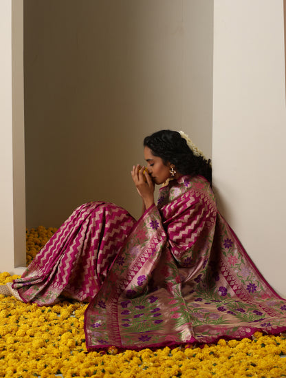 Kumudini - Violet Red Pure Katan Silk Handwoven Banarasi Kadwa Revival Saree