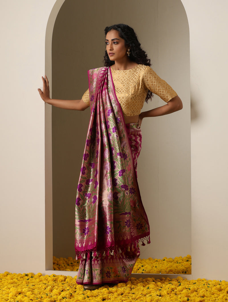 Kumudini - Violet Red Pure Katan Silk Handwoven Banarasi Kadwa Revival Saree