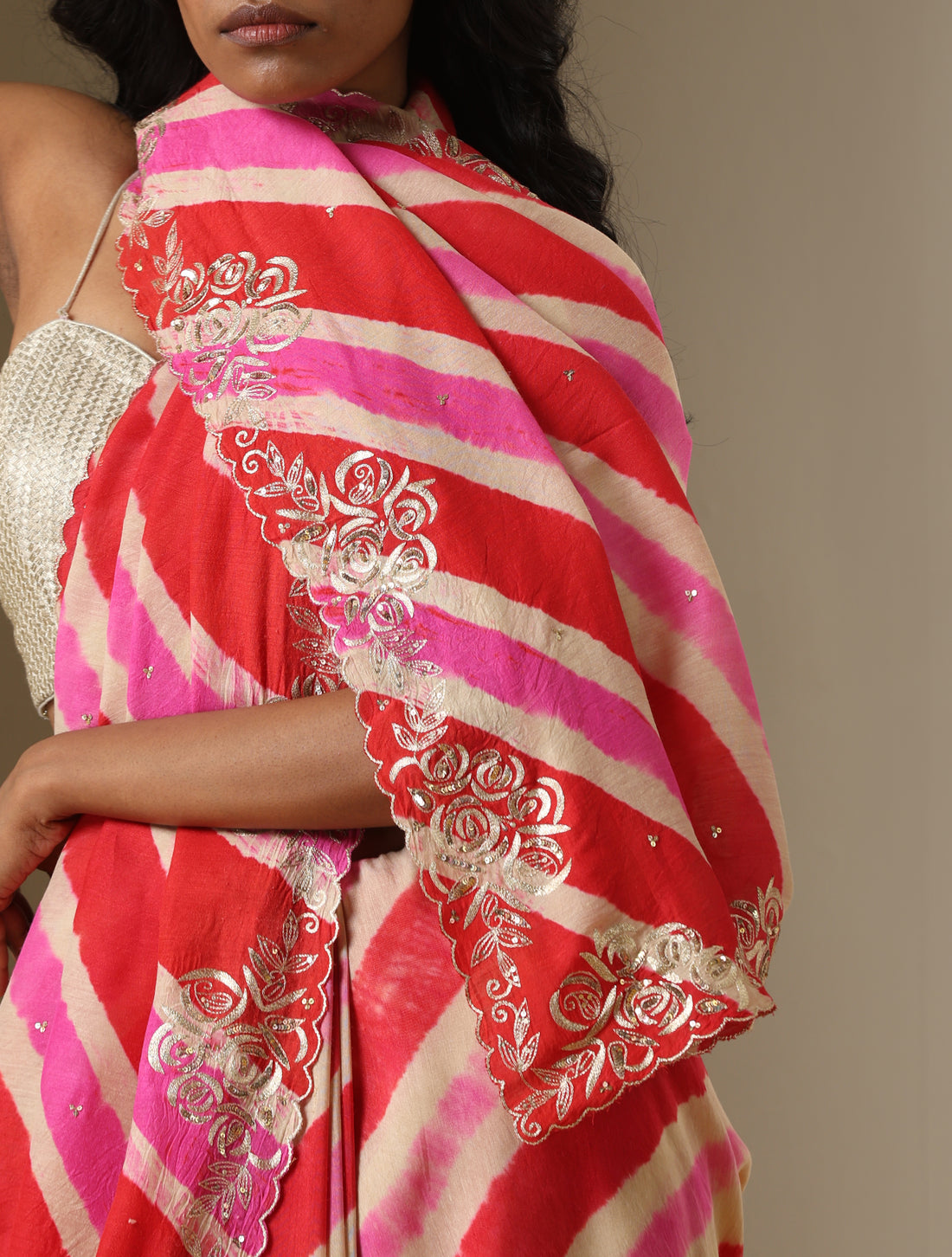 Pure Moonga Silk Pitta Embroidery Leheriya Saree