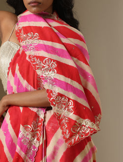 Red & Pink Leheriya Pure Tussar Moonga Silk Pita Work Saree