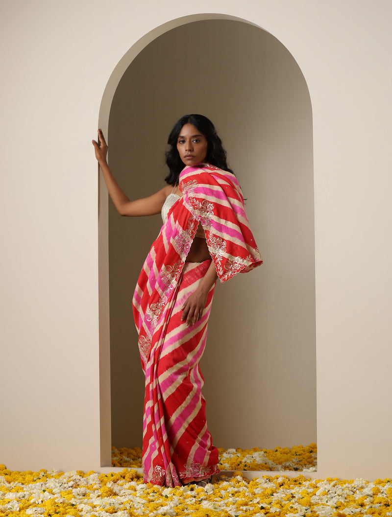 Red & Pink Leheriya Pure Tussar Moonga Silk Pita Work Saree