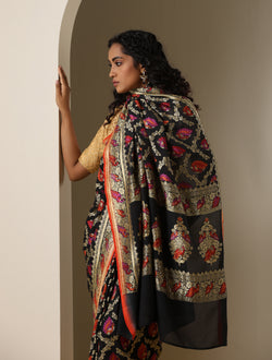 Birds of Paradise : Black Pure Georgette Banarasi Meena Saree