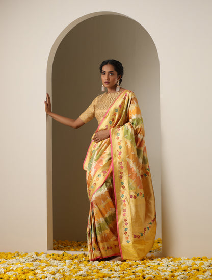 Yellow Handwoven Pure Katan Silk Kadwa Banarasi Rangkat Saree