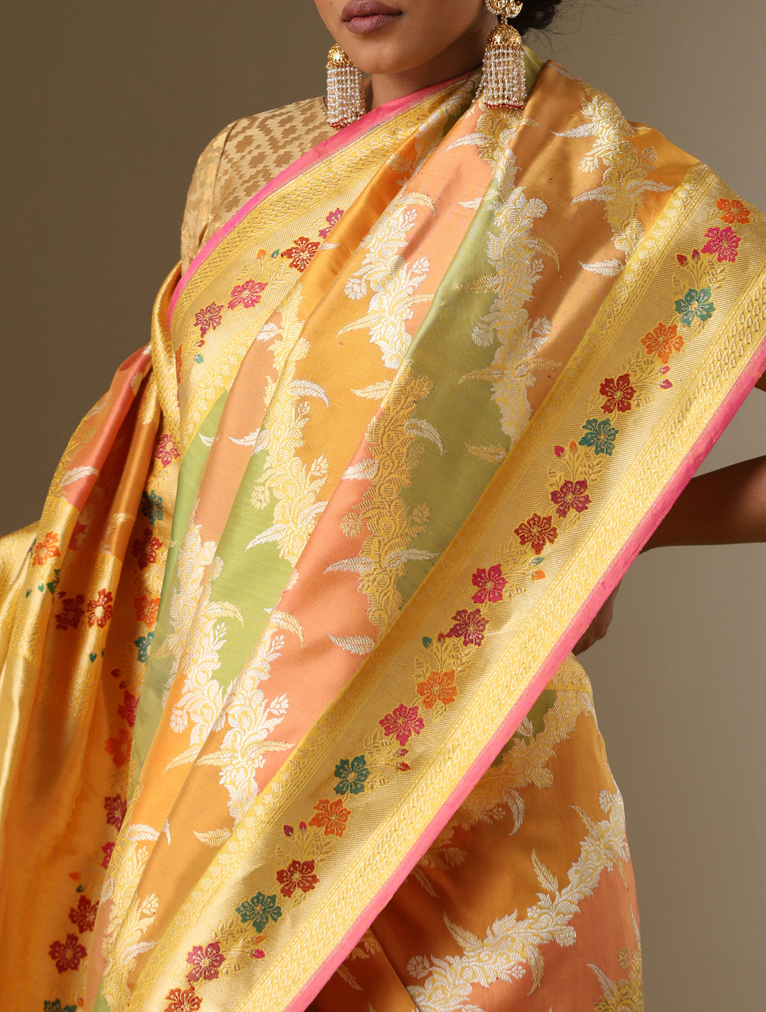 Yellow Handwoven Pure Katan Silk Kadwa Banarasi Rangkat Saree
