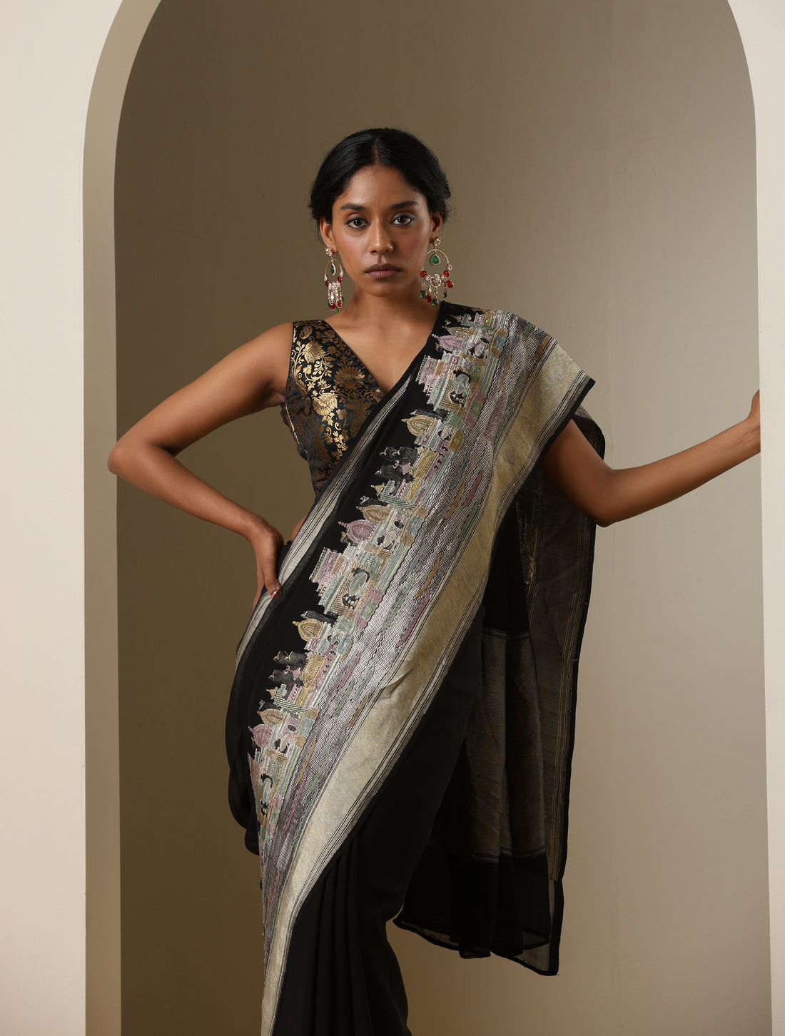 Handloom Georgette Black Banarasi Ghaat Saree