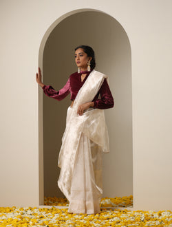 Silver Pure Plain Tissue Silk Handwoven Banarasi Saree
