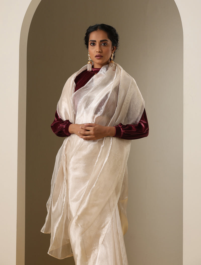 Silver Pure Plain Tissue Silk Handwoven Banarasi Saree