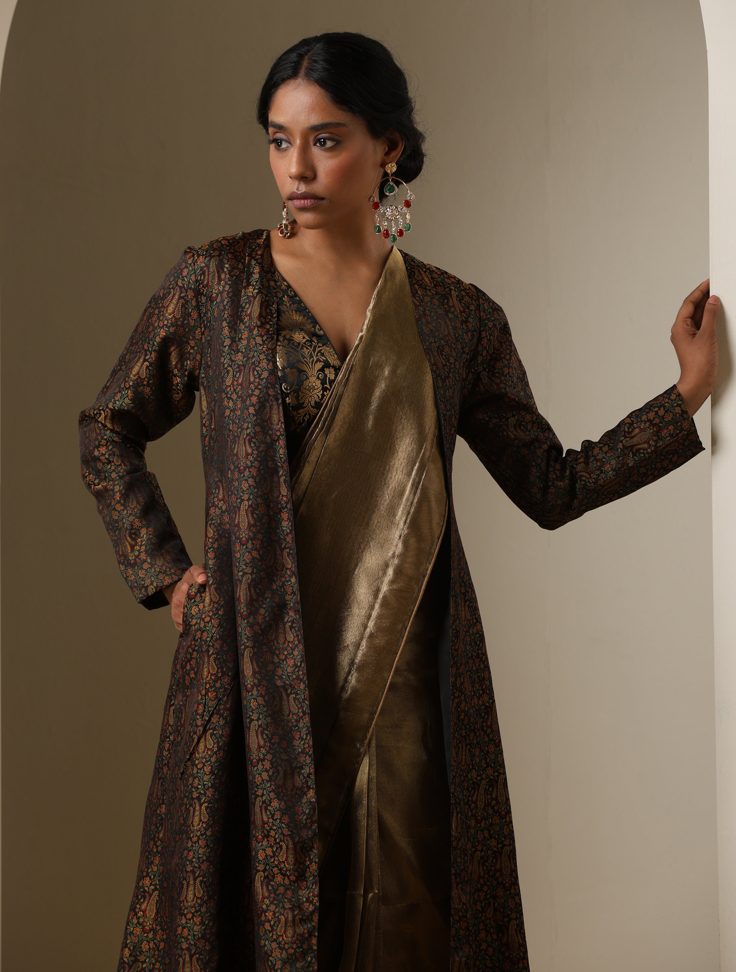 Black Pure Banarasi Silk Handwoven Tanchui Stitched Jacket