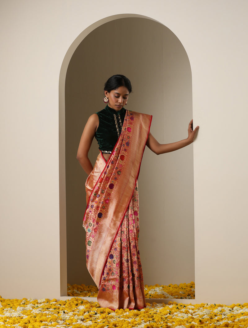 Red Pure Katan Silk Handwoven Banarasi Kinkhab Kadwa Jaal Saree