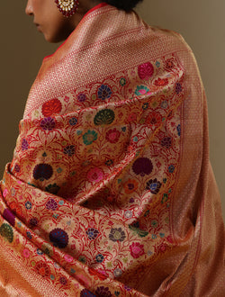 Red Pure Katan Silk Handwoven Banarasi Kinkhab Kadwa Jaal Saree