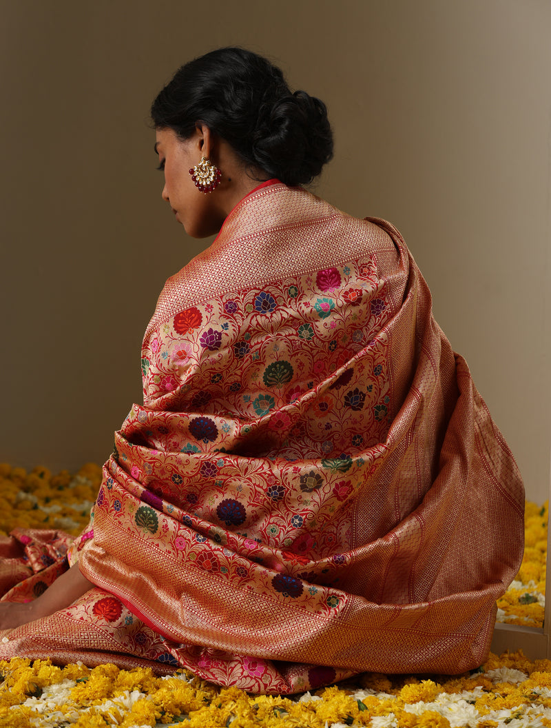 Red Pure Katan Silk Handwoven Banarasi Kinkhab Kadwa Jaal Saree