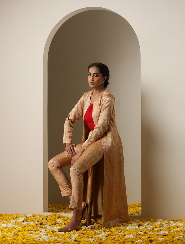 Beige Pure Banarasi Silk Handwoven Tanchui Stitched Pants Jackets Set