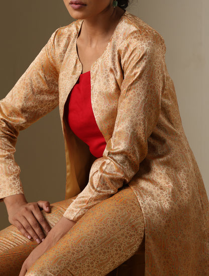 Beige Pure Banarasi Silk Handwoven Tanchui Stitched Pants Jackets Set