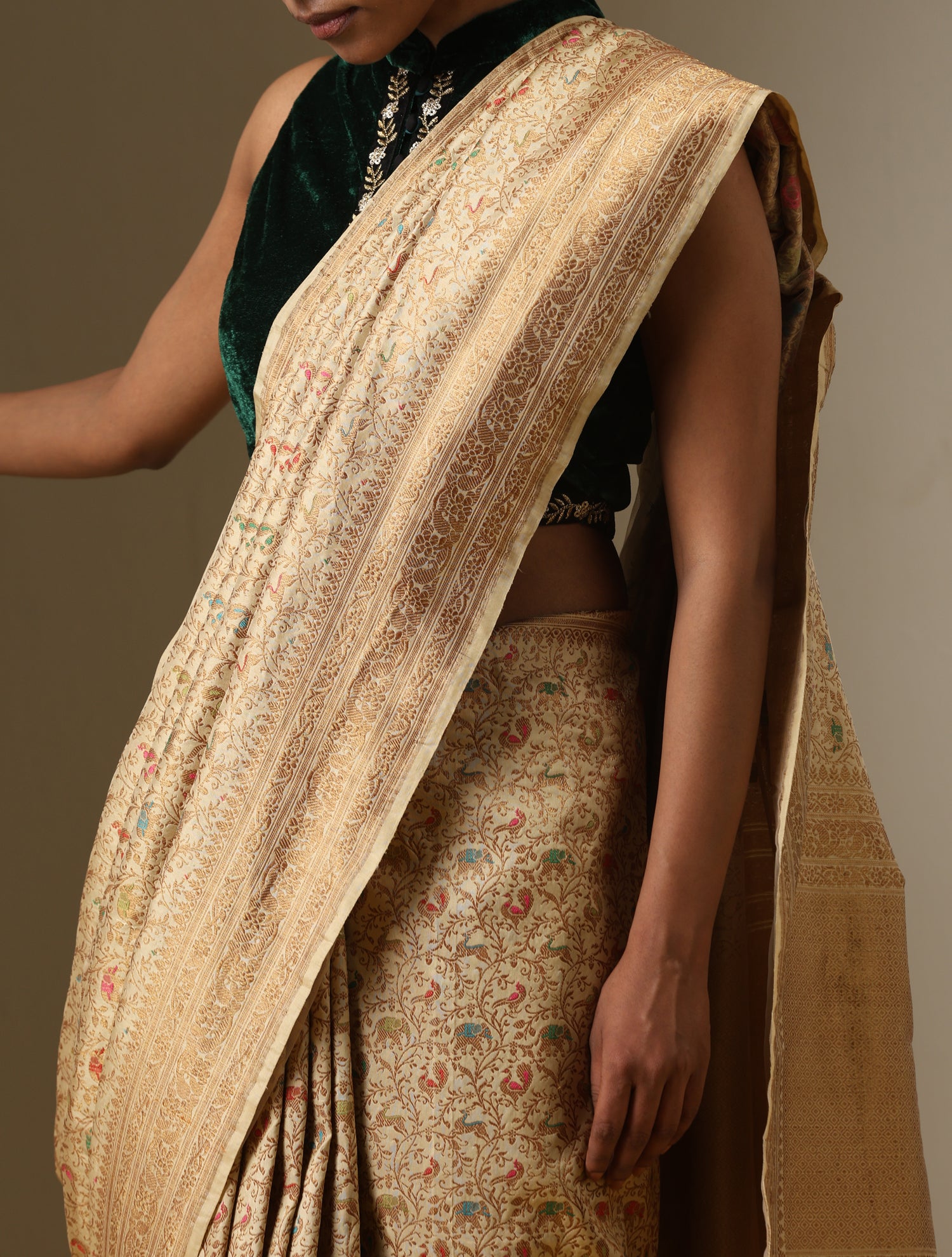 Handloom Katan Silk Off White Banarasi Shikargah Saree