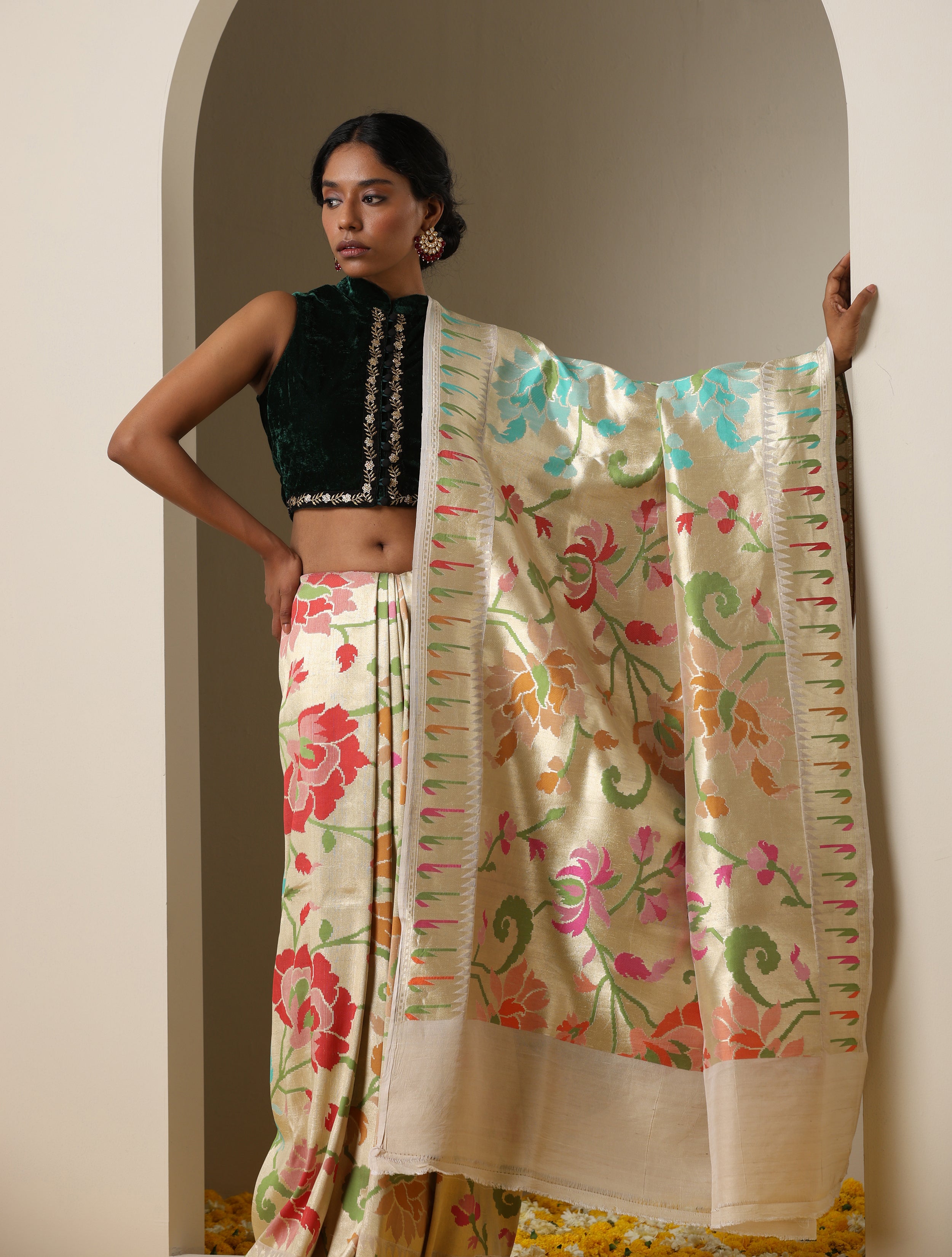 Chikku with rose kadi Banarasi tussar silk saree – Thenianantham