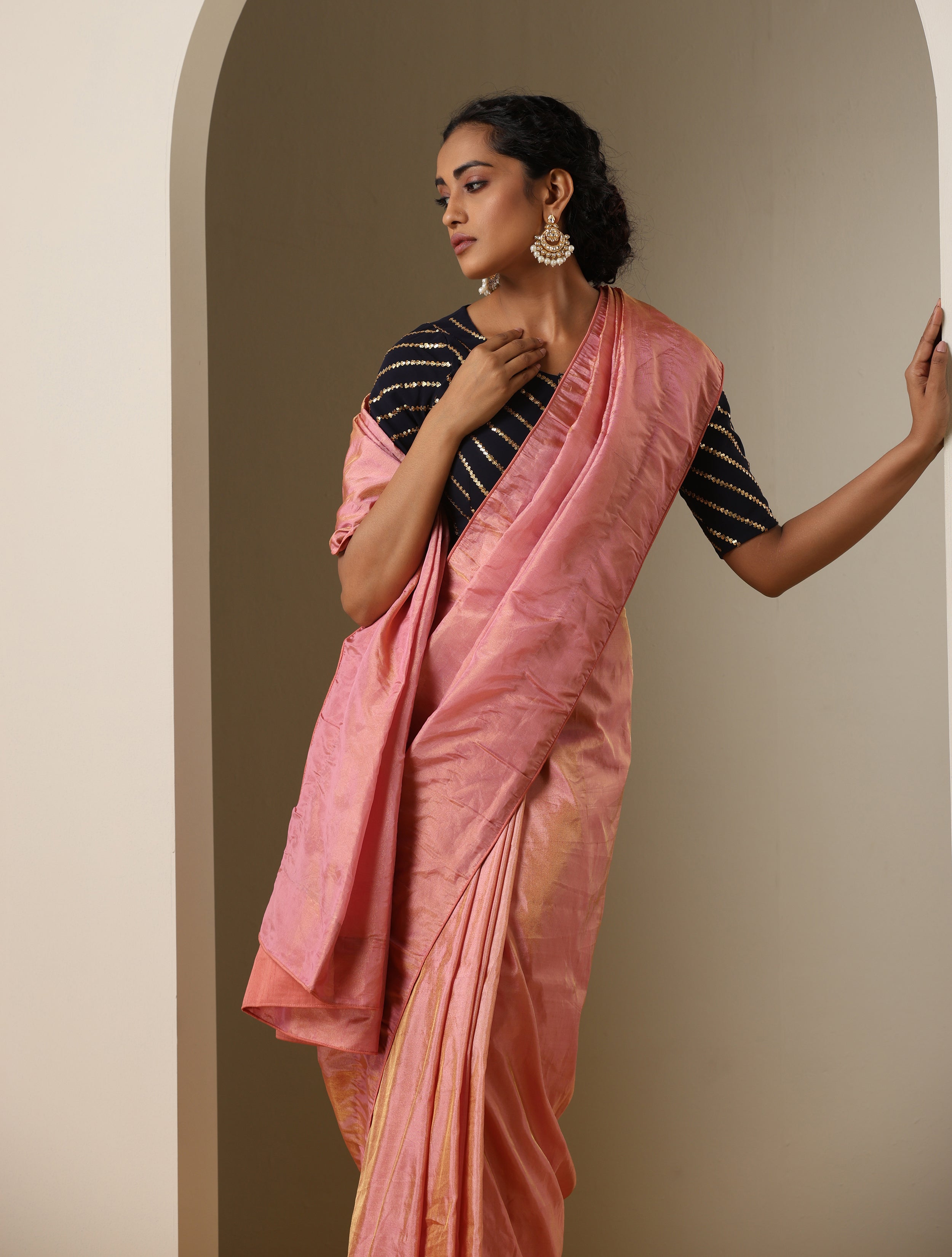 Handweave Maheshwari Handloom Full Tissue Saree Col- Dusty Pink – Okhaistore