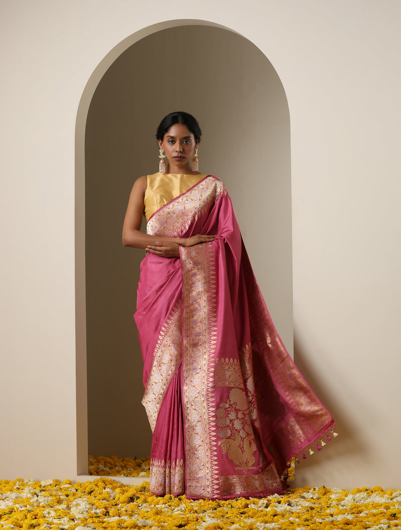 Kumudini - Pink Handloom Katan Silk Banarasi Kadwa Ektara Saree