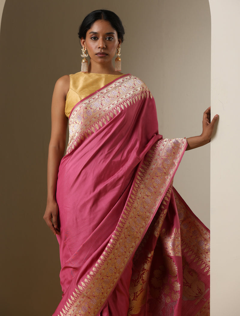 Kumudini - Pink Handloom Katan Silk Banarasi Kadwa Ektara Saree