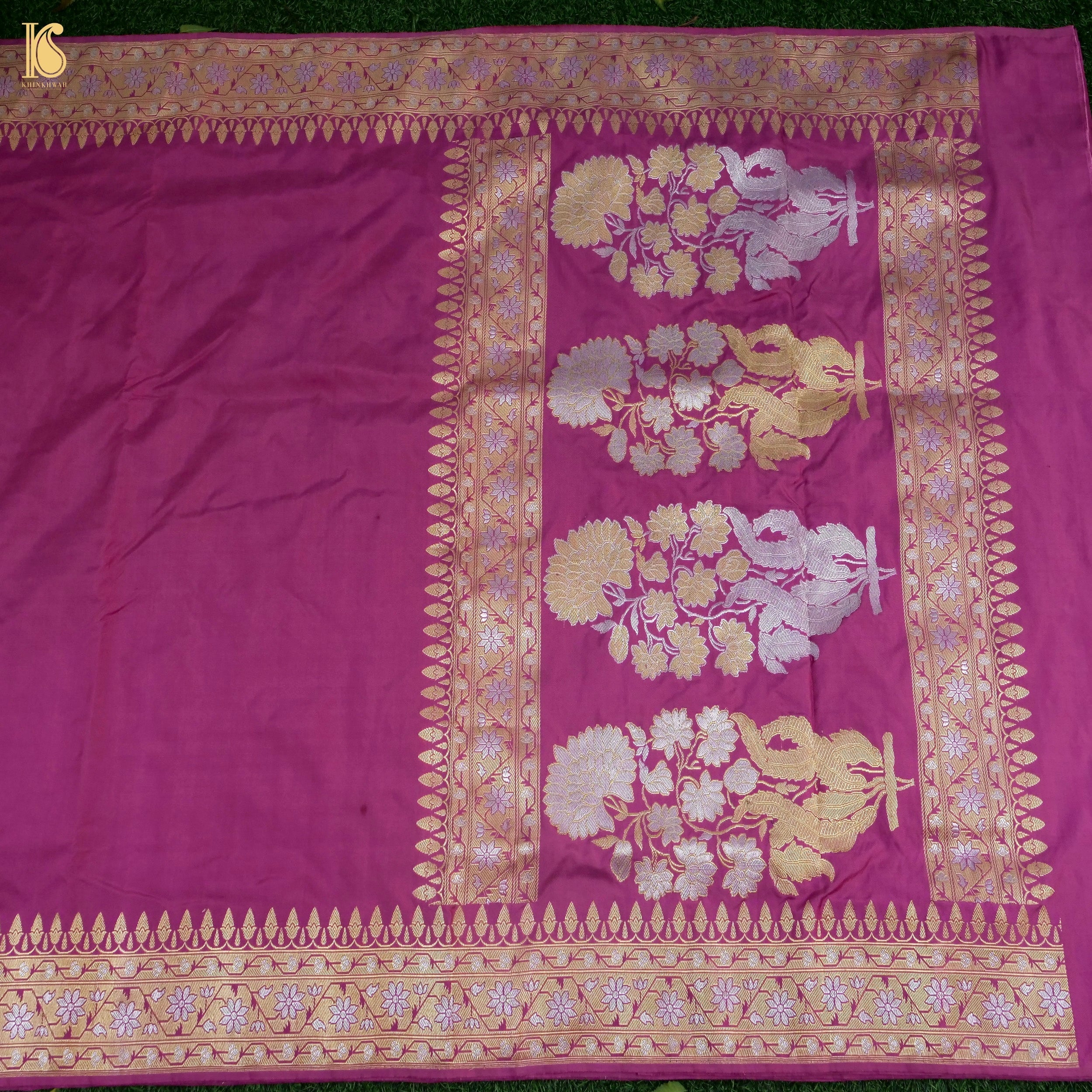 Kumudini - Pink Handloom Katan Silk Banarasi Kadwa Ektara Saree - Khinkhwab