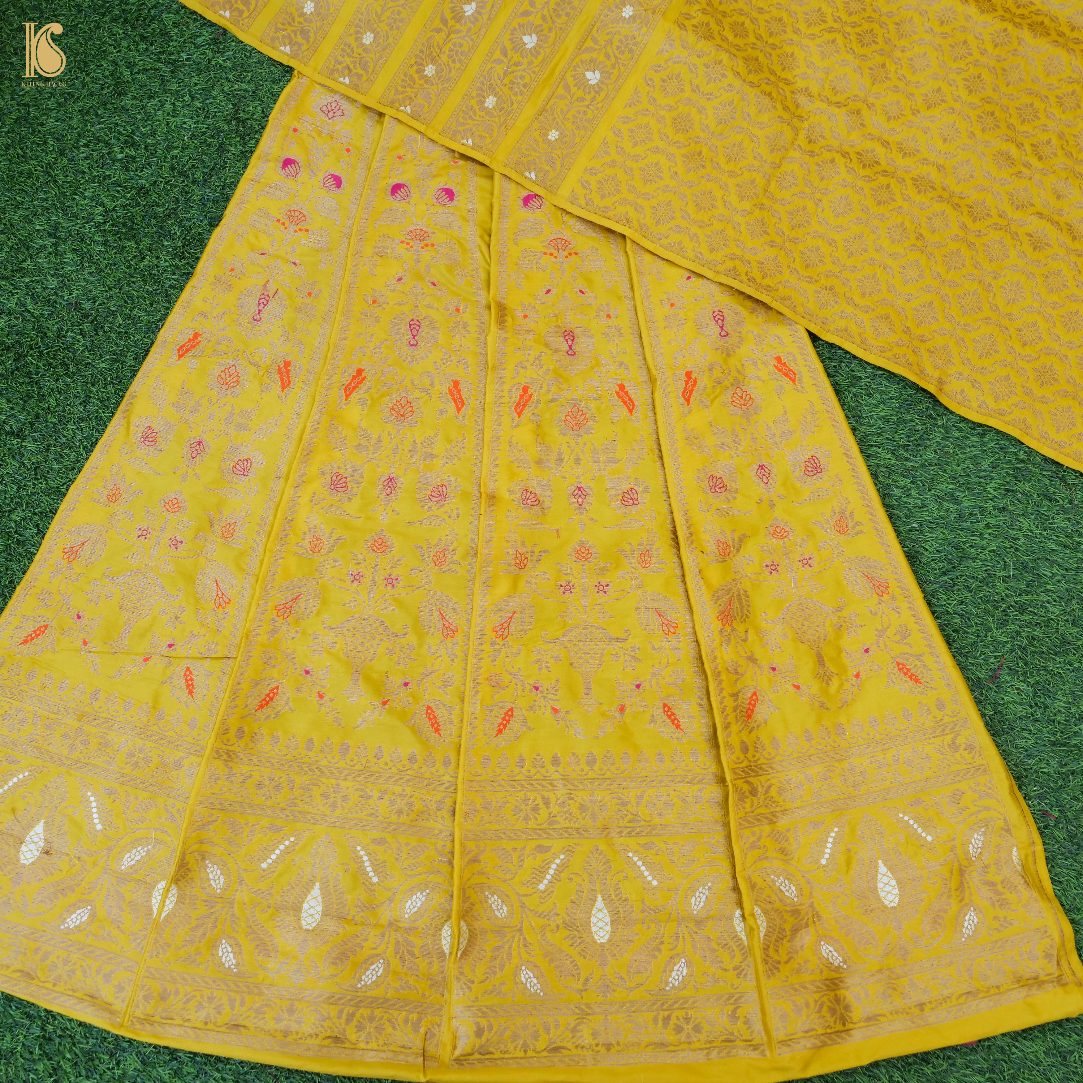 Handloom Pure Katan Silk Yellow Banarasi Kalidar Lehenga