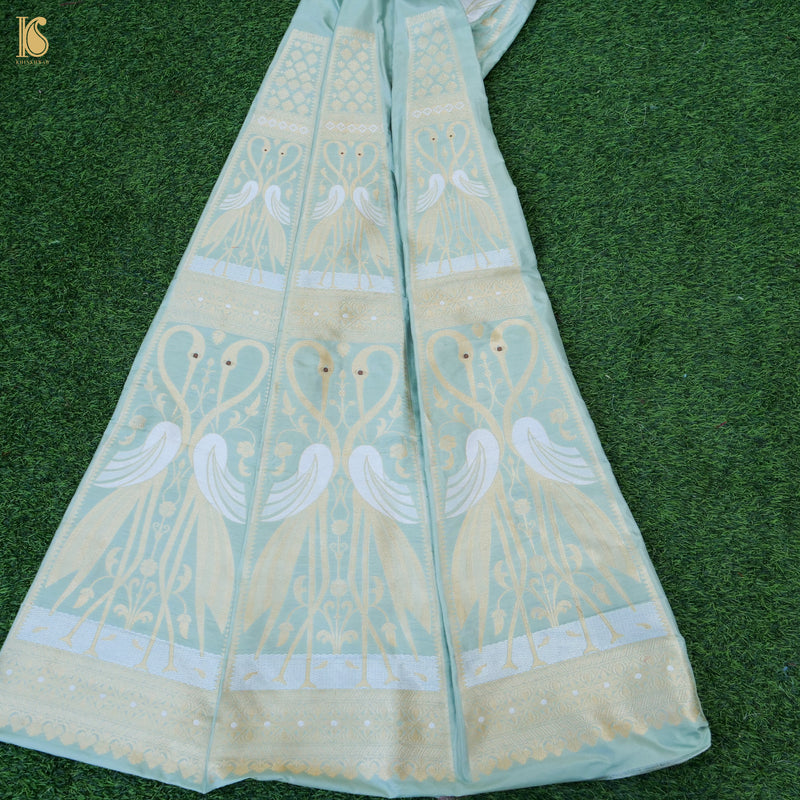 Handloom Pure Katan Silk Blue Banarasi Kalidar Crane Lehenga