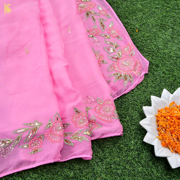 Pink Pure Chiffon Saree with Pearl & Resham Embroidery