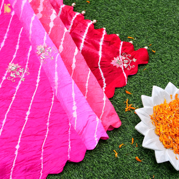 Pink Pure Kora  Silk Leheriya Saree with Sequence Embroidery