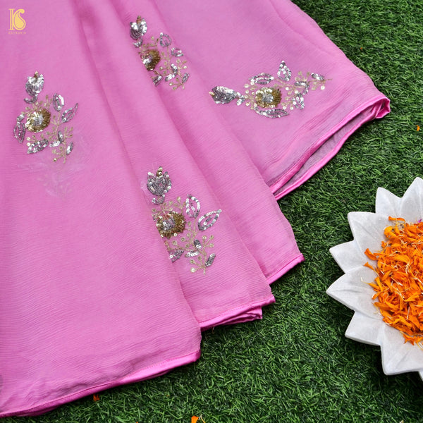 Pink Pure Chiffon Saree with Sequence Hand Embriodery