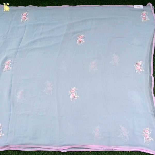 Blue Pure Chiffon Saree with Sequence and Pearl Hand Embroidery