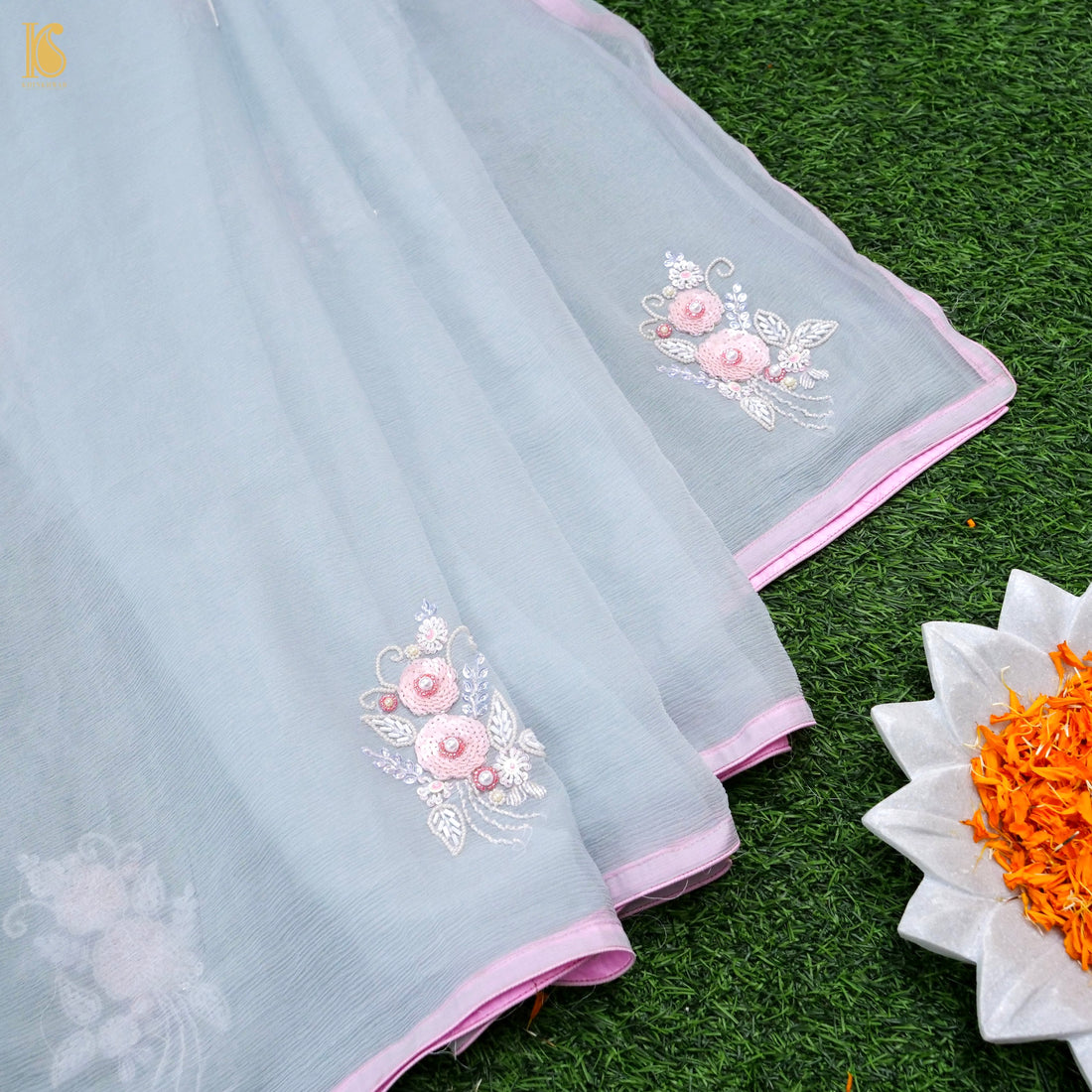 Pure Chiffon Saree with Sequence and Pearl Hand Embroidery